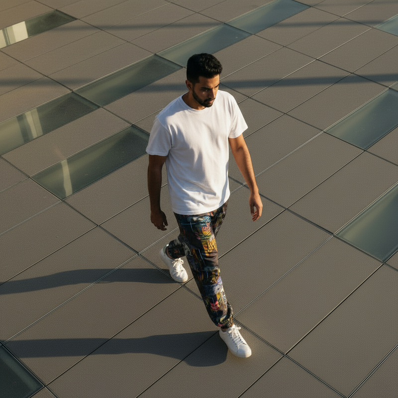 Grid Walk - White Tee Baggy Pants